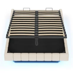 Lit 140x200 cm avec rangement hydraulique et bande LED multicolore, tapissé lin beige, effet flottant design