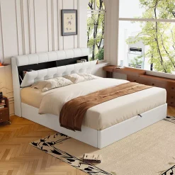 Lit 160x200 cm avec rangement hydraulique et tête de lit coffre tapissée en PU blanc, design moderne