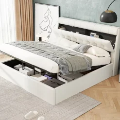 Lit 160x200 cm avec rangement hydraulique et tête de lit coffre tapissée en PU blanc, design moderne