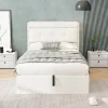 Lit 90x200 cm avec rangement hydraulique et tête de lit capitonnée en PU blanc, cadre moderne et pratique