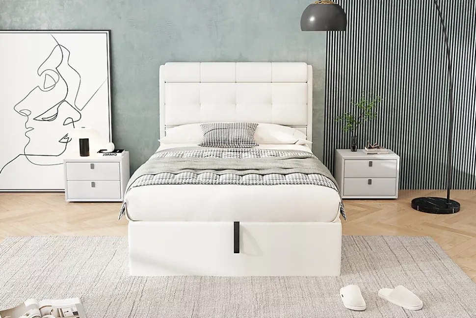 Lit 90x200 cm avec rangement hydraulique et tête de lit capitonnée en PU blanc, cadre moderne et pratique