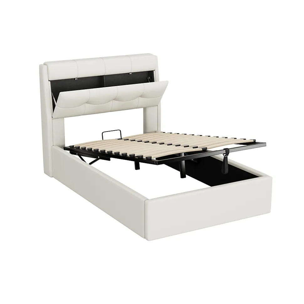 Lit 90x200 cm avec rangement hydraulique et tête de lit capitonnée en PU blanc, cadre moderne et pratique