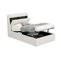 Lit 90x200 cm avec rangement hydraulique et tête de lit capitonnée en PU blanc, cadre moderne et pratique