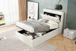 Lit 90x200 cm avec rangement hydraulique et tête de lit capitonnée en PU blanc, cadre moderne et pratique