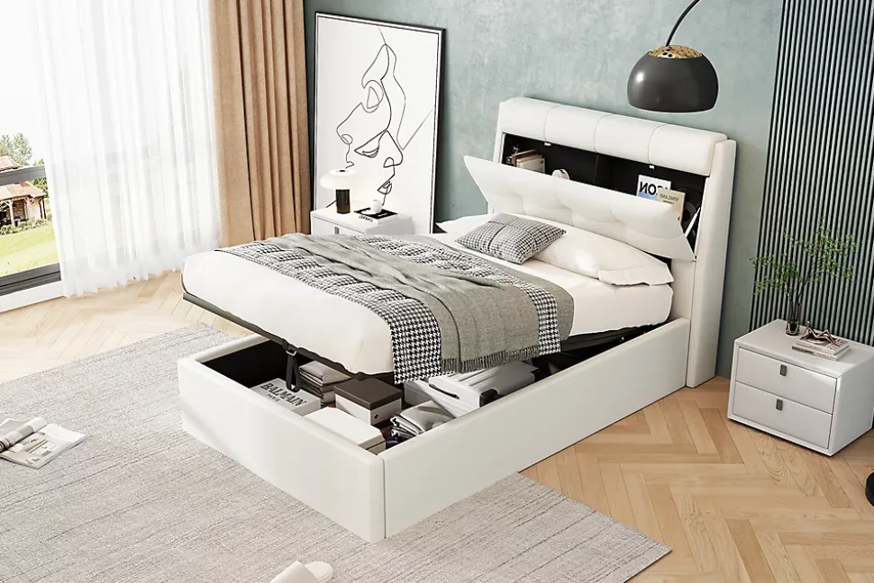 Lit 90x200 cm avec rangement hydraulique et tête de lit capitonnée en PU blanc, cadre moderne et pratique