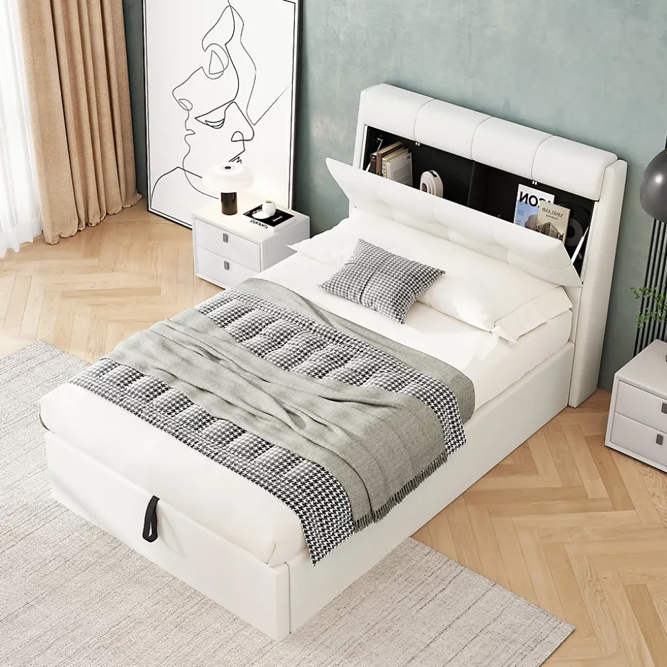 Lit 90x200 cm avec rangement hydraulique et tête de lit capitonnée en PU blanc, cadre moderne et pratique