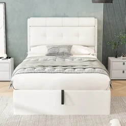 Lit 90x200 cm avec rangement hydraulique et tête de lit capitonnée en PU blanc, cadre moderne et pratique