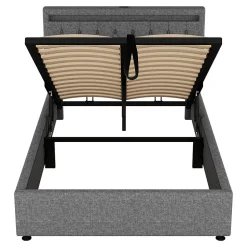 Lit 140x200 cm avec rangement hydraulique, tête rembourrée en lin gris, éclairage LED et ports USB/USB-C