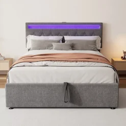 Lit 140x200 cm avec rangement hydraulique, tête rembourrée en lin gris, éclairage LED et ports USB/USB-C