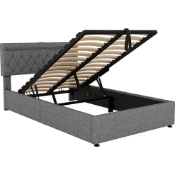 Lit 140x200 cm avec rangement hydraulique, tête rembourrée en lin gris, éclairage LED et ports USB/USB-C