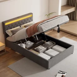 Lit 140x200 cm avec rangement hydraulique, tête rembourrée en lin gris, éclairage LED et ports USB/USB-C