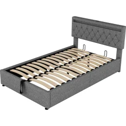 Lit 140x200 cm avec rangement hydraulique, tête rembourrée en lin gris, éclairage LED et ports USB/USB-C