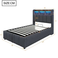 Lit 90x200 cm avec rangement hydraulique et éclairage led, tapissé lin gris, cadre métal robuste