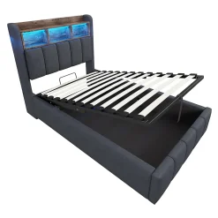 Lit 90x200 cm avec rangement hydraulique et éclairage led, tapissé lin gris, cadre métal robuste