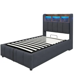 Lit 90x200 cm avec rangement hydraulique et éclairage led, tapissé lin gris, cadre métal robuste