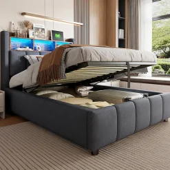 Lit 90x200 cm avec rangement hydraulique et éclairage led, tapissé lin gris, cadre métal robuste