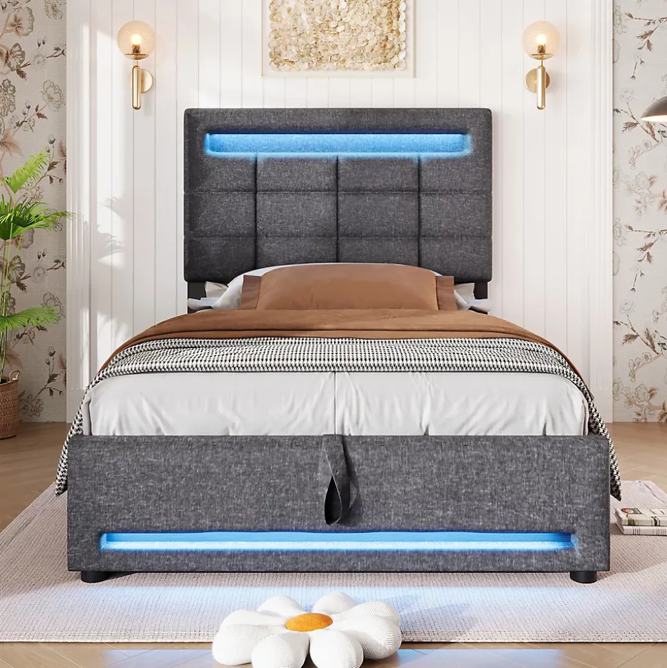 Lit 90x200 cm avec rangement hydraulique et éclairage LED 16 couleurs, tapissé lin gris, tête de lit carrée