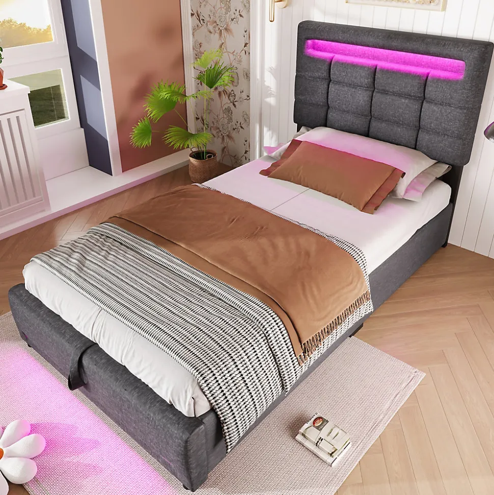 Lit 90x200 cm avec rangement hydraulique et éclairage LED 16 couleurs, tapissé lin gris, tête de lit carrée