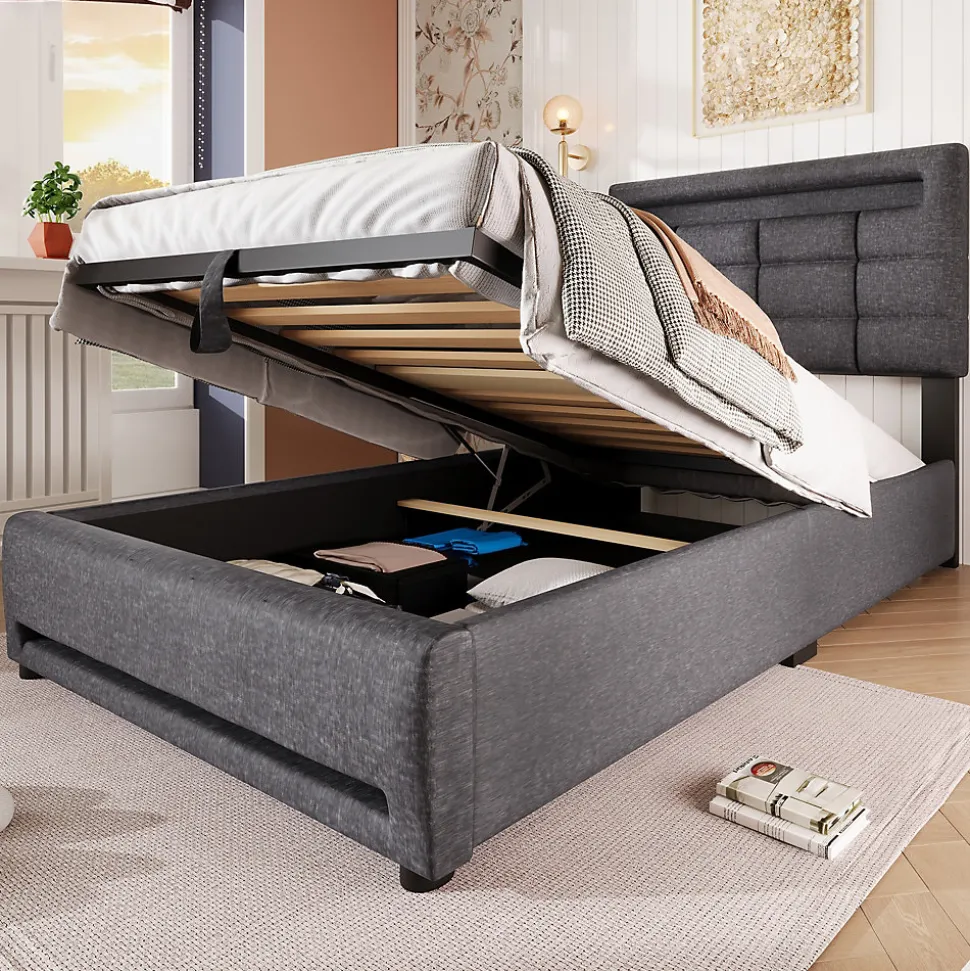 Lit 90x200 cm avec rangement hydraulique et éclairage LED 16 couleurs, tapissé lin gris, tête de lit carrée