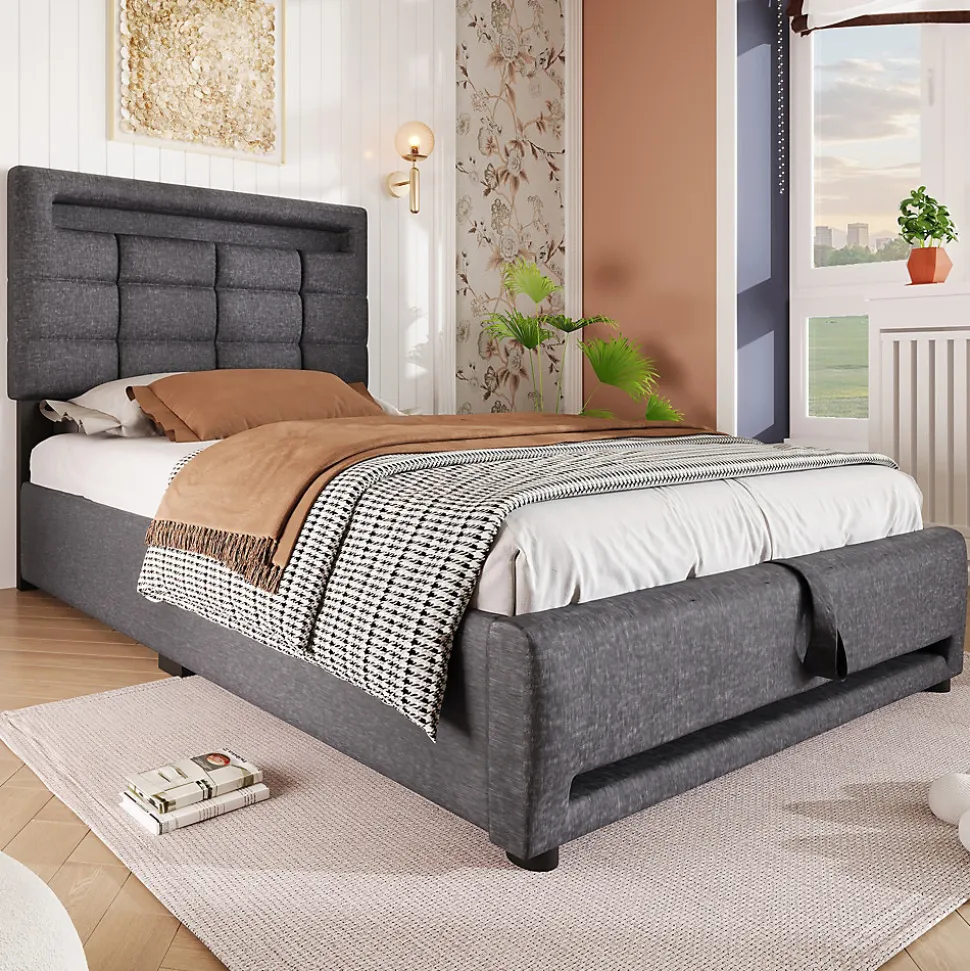 Lit 90x200 cm avec rangement hydraulique et éclairage LED 16 couleurs, tapissé lin gris, tête de lit carrée