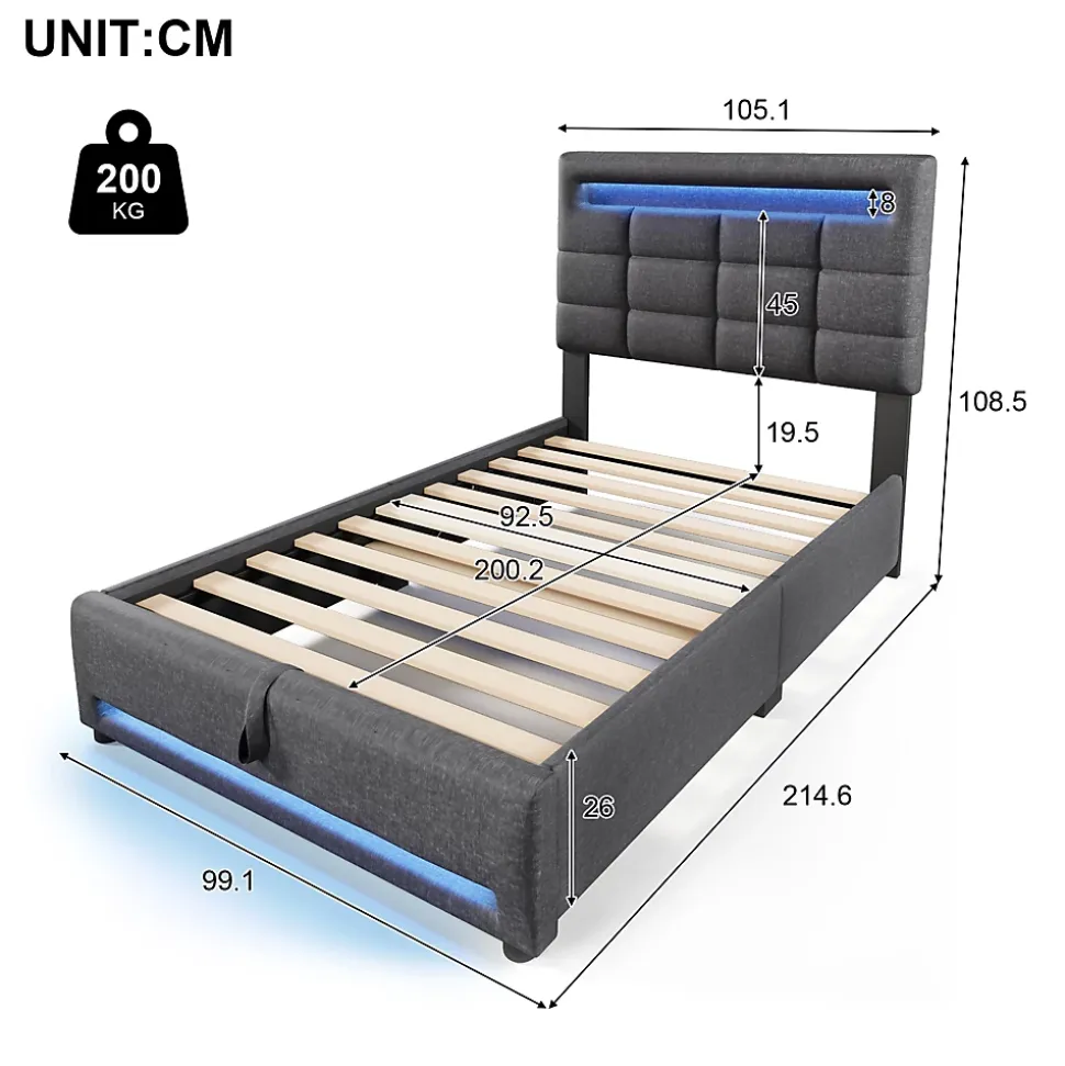Lit 90x200 cm avec rangement hydraulique et éclairage LED 16 couleurs, tapissé lin gris, tête de lit carrée