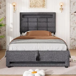 Lit 90x200 cm avec rangement hydraulique et éclairage LED 16 couleurs, tapissé lin gris, tête de lit carrée