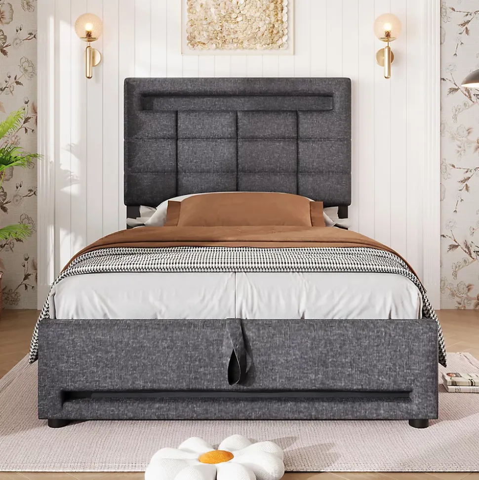 Lit 90x200 cm avec rangement hydraulique et éclairage LED 16 couleurs, tapissé lin gris, tête de lit carrée