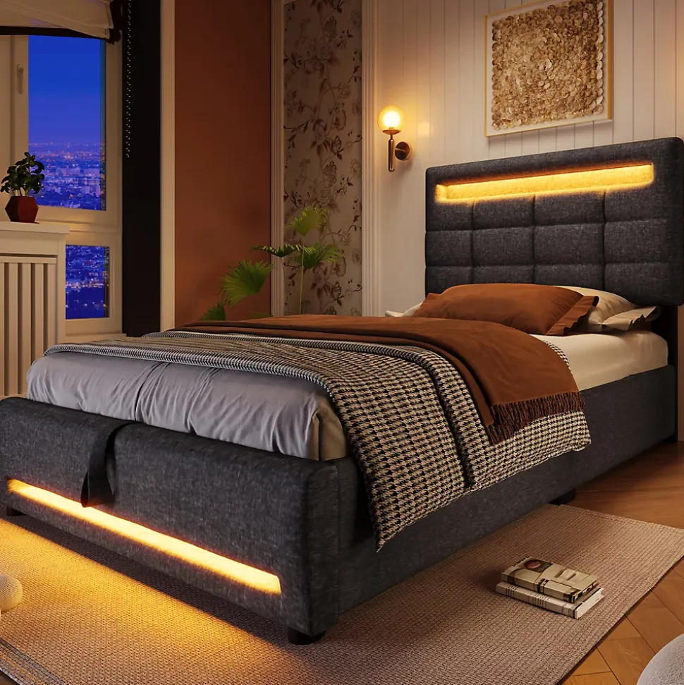 Lit 90x200 cm avec rangement hydraulique et éclairage LED 16 couleurs, tapissé lin gris, tête de lit carrée