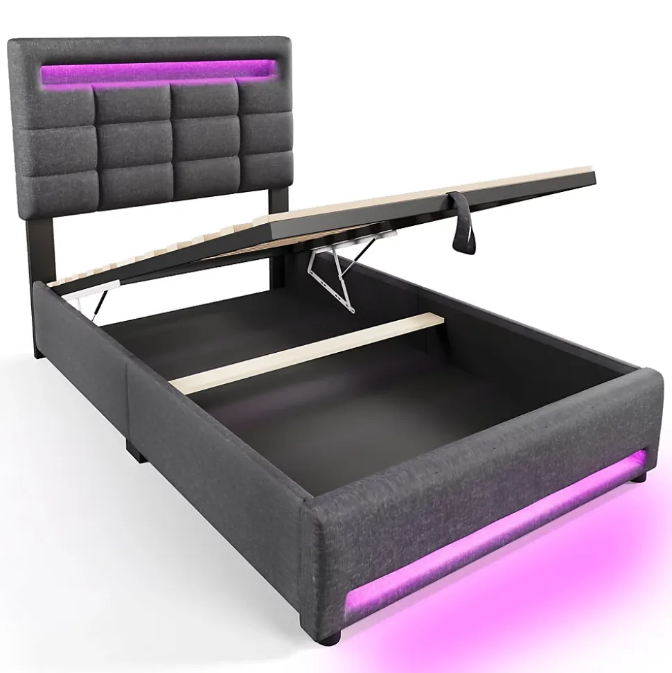 Lit 90x200 cm avec rangement hydraulique et éclairage LED 16 couleurs, tapissé lin gris, tête de lit carrée