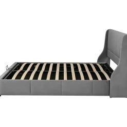 Lit 160x200 cm avec rangement hydraulique et tête de lit capitonnée en velours gris, design classique-moderne
