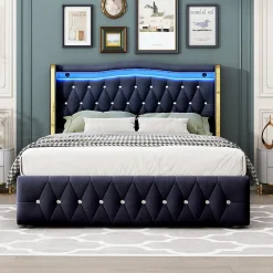 Lit 140x200 cm avec rangement hydraulique, tête capitonnée en velours noir, éclairage LED et pieds larges