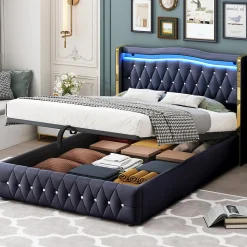 Lit 140x200 cm avec rangement hydraulique, tête capitonnée en velours noir, éclairage LED et pieds larges