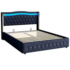 Lit 140x200 cm avec rangement hydraulique, tête capitonnée en velours noir, éclairage LED et pieds larges