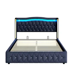 Lit 140x200 cm avec rangement hydraulique, tête capitonnée en velours noir, éclairage LED et pieds larges