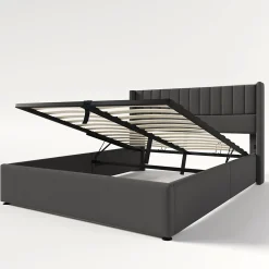 Lit 160x200 cm avec rangement hydraulique, tête de lit tapissée en lin gris et structure robuste
