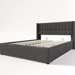 Lit 160x200 cm avec rangement hydraulique, tête de lit tapissée en lin gris et structure robuste