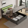 Lit 160x200 cm avec rangement hydraulique et éclairage LED multicolore, revêtement lin gris moderne