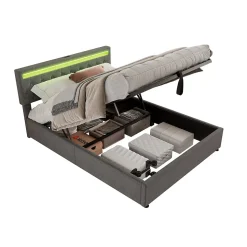 Lit 160x200 cm avec rangement hydraulique et éclairage LED multicolore, revêtement lin gris moderne