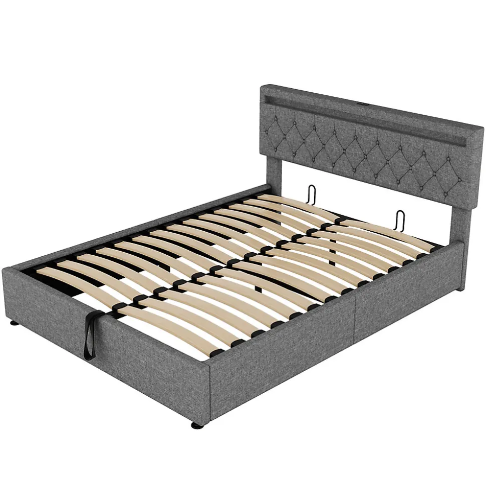 Lit 160x200 cm avec rangement hydraulique et éclairage LED multicolore, revêtement lin gris moderne