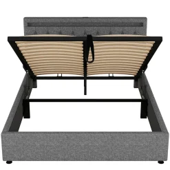Lit 160x200 cm avec rangement hydraulique et éclairage LED multicolore, revêtement lin gris moderne