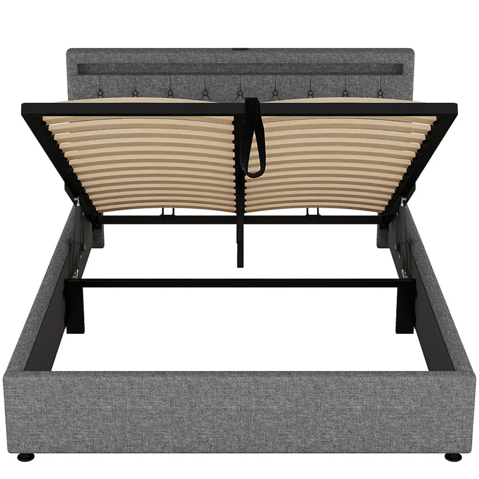 Lit 160x200 cm avec rangement hydraulique et éclairage LED multicolore, revêtement lin gris moderne