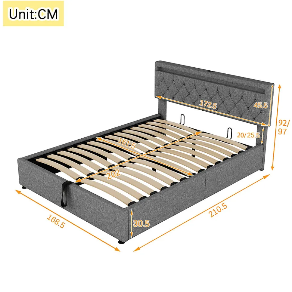 Lit 160x200 cm avec rangement hydraulique et éclairage LED multicolore, revêtement lin gris moderne