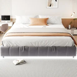 Lit 180x200 cm avec rangement hydraulique et bande LED blanche intégrée, tapissé flanelle gris, cadre métal robuste