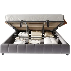 Lit 180x200 cm avec rangement hydraulique et bande LED blanche intégrée, tapissé flanelle gris, cadre métal robuste