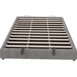 Lit 180x200 cm avec rangement hydraulique et bande LED blanche intégrée, tapissé flanelle gris, cadre métal robuste