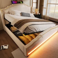 Lit 140x200 cm avec rangement hydraulique, éclairage LED multicolore et tête de lit tapissée en velours beige