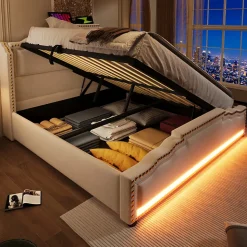 Lit 140x200 cm avec rangement hydraulique, éclairage LED multicolore et tête de lit tapissée en velours beige