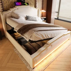 Lit 140x200 cm avec rangement hydraulique, éclairage LED multicolore et tête de lit tapissée en velours beige