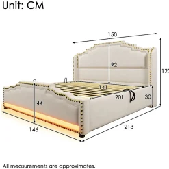 Lit 140x200 cm avec rangement hydraulique, éclairage LED multicolore et tête de lit tapissée en velours beige