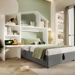 Lit 90x200 cm avec rangement hydraulique, tête de lit étagère en lin gris et ports USB-C, design contemporain